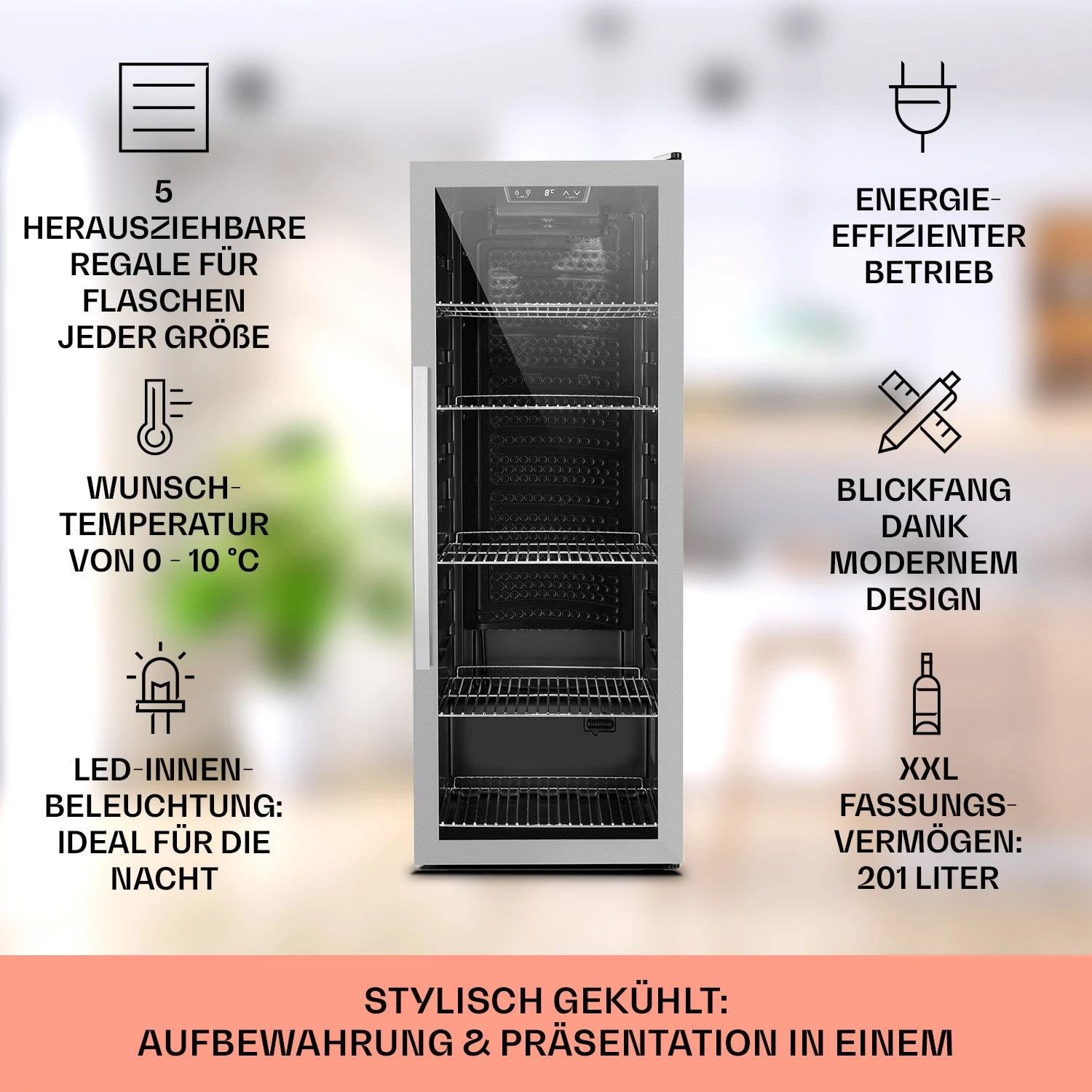 Beersafe 6XL Kühlschrank 201 Liter 5 Böden Panoramaglastür Edelstahl 4 Beersafe 6XL Kühlschrank 201 Liter 5 Böden Panoramaglastür Edelstahl – Bild 2