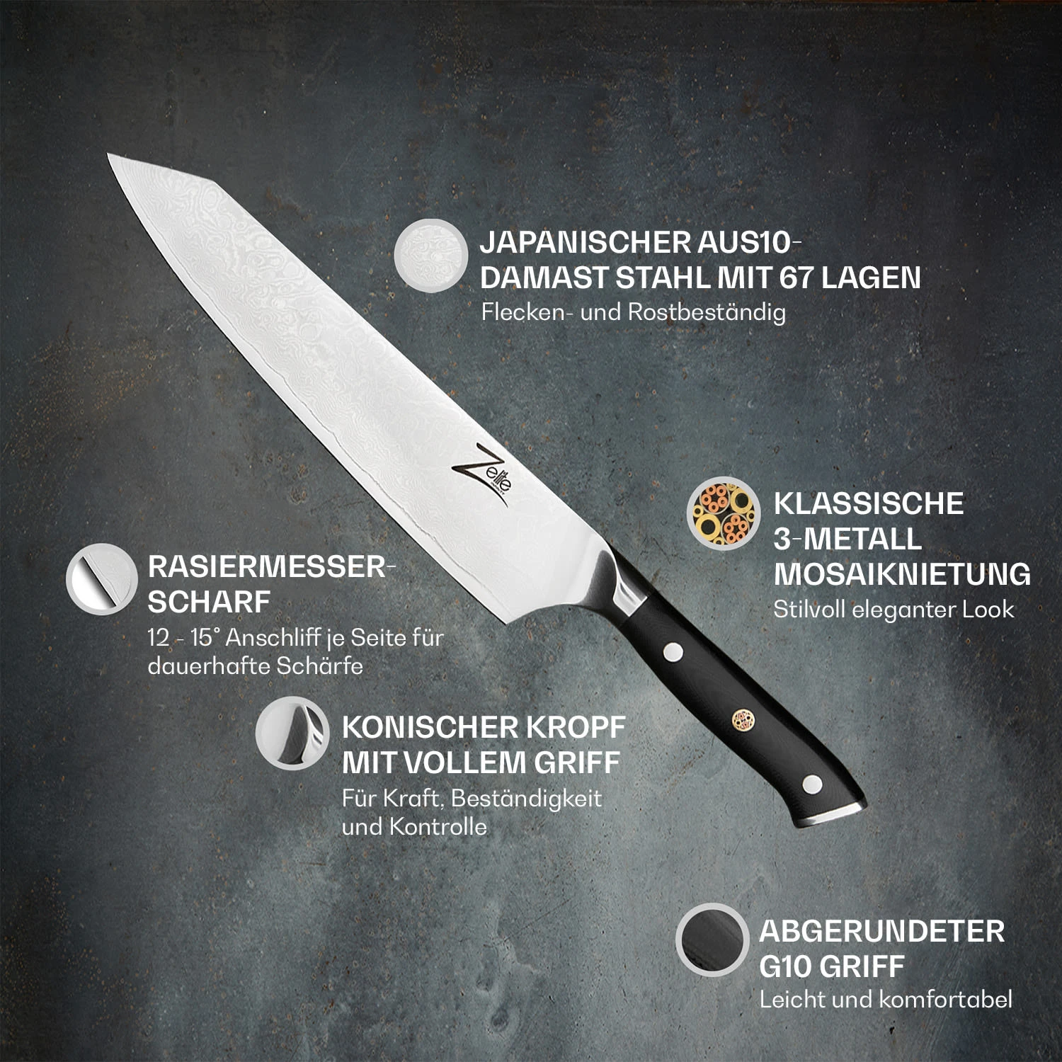 Alpha-Royal Japanese Serie 9" Kiritsuke Messer Damaszener-Stahl 4 Alpha-Royal Japanese Serie 9" Kiritsuke Messer Damaszener-Stahl – Bild 2