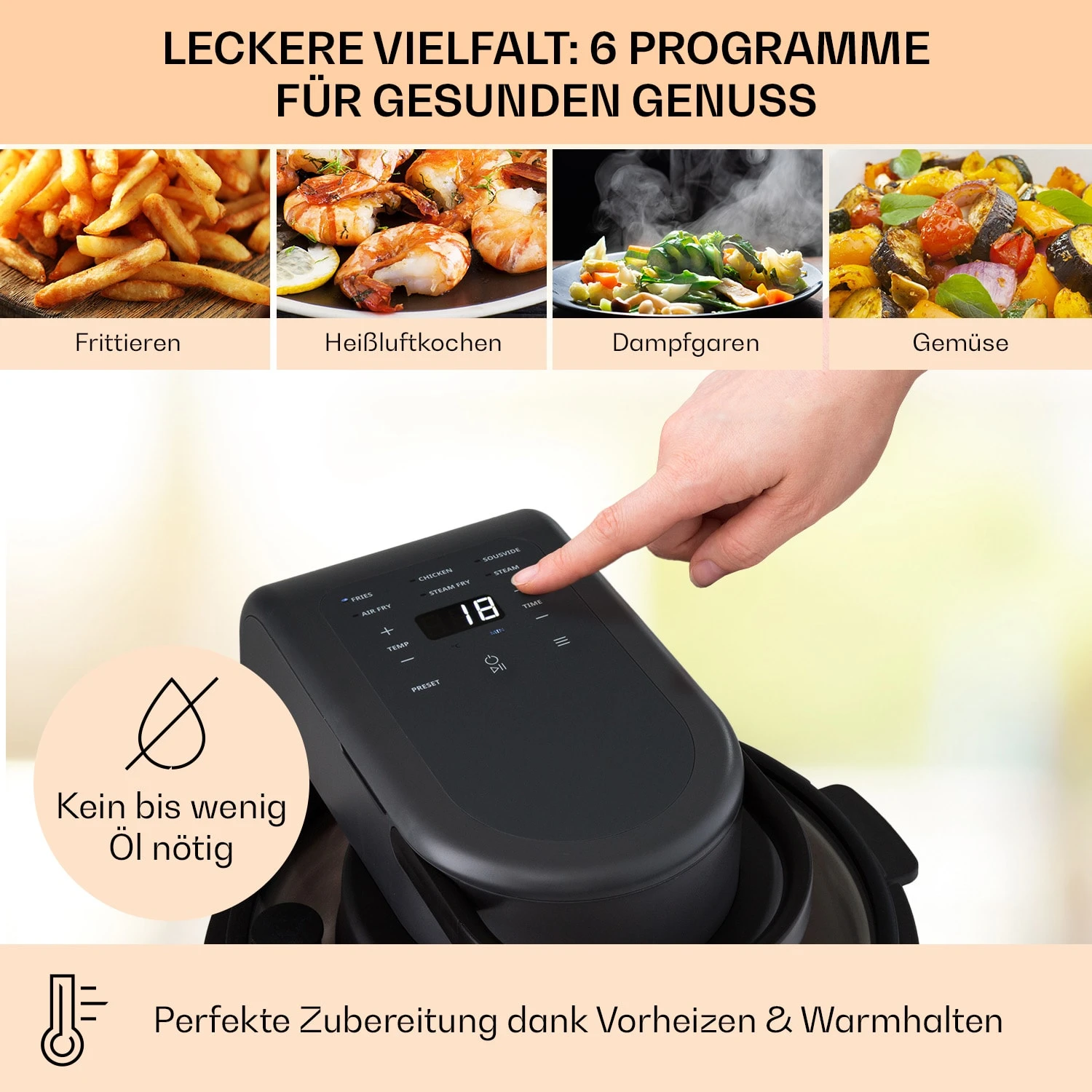 Vendure Heißluftfritteuse Mit Dampffunktion 1250W 5 Liter 6 Programme 6 Vendure Heißluftfritteuse Mit Dampffunktion 1250W 5 Liter 6 Programme – Bild 4