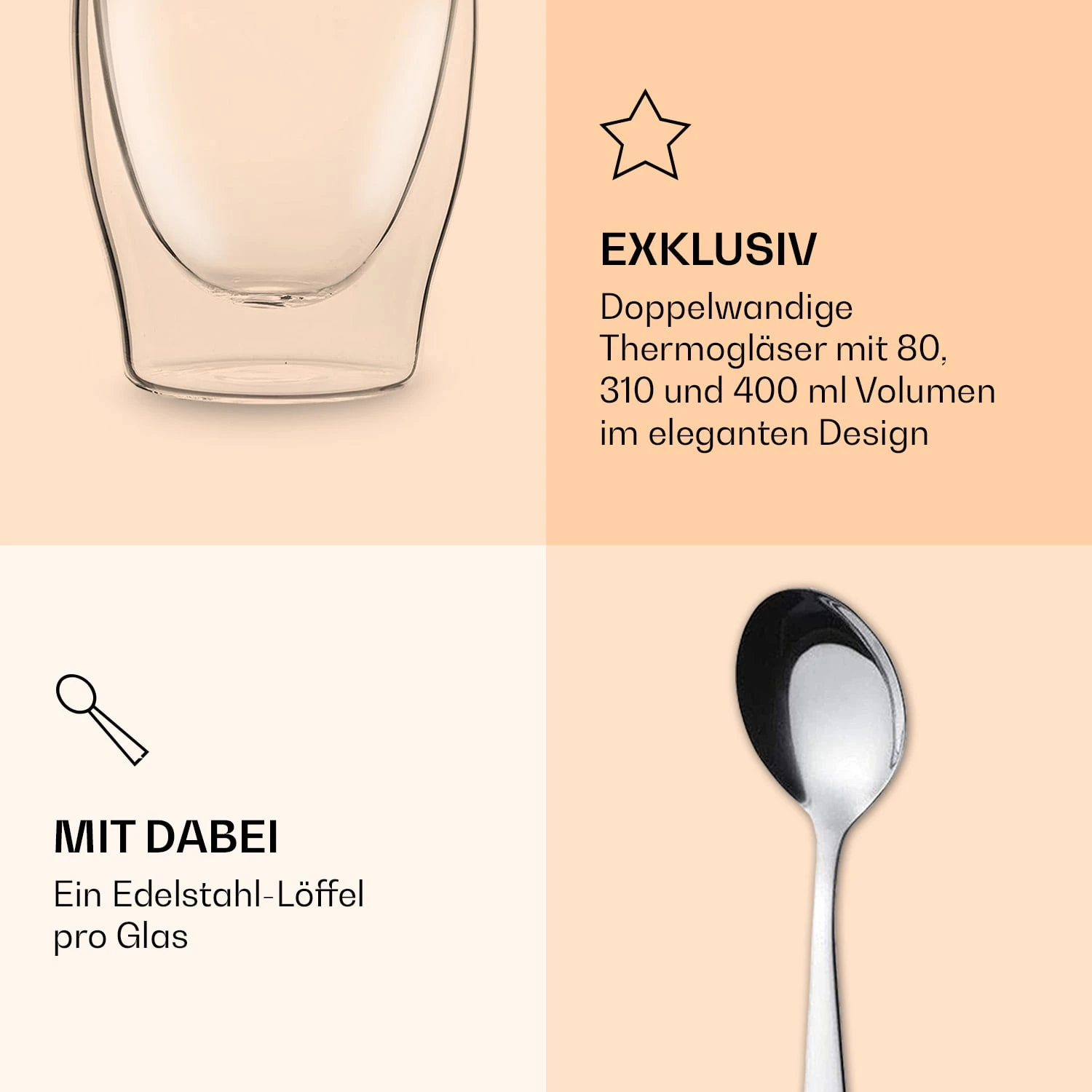 DUOS Doppelwandiges Glas 2 X 80, 310, 400 Ml Thermofunktion Inkl. Edelstahl-Löffel 7 DUOS Doppelwandiges Glas 2 X 80, 310, 400 Ml Thermofunktion Inkl. Edelstahl-Löffel – Bild 5