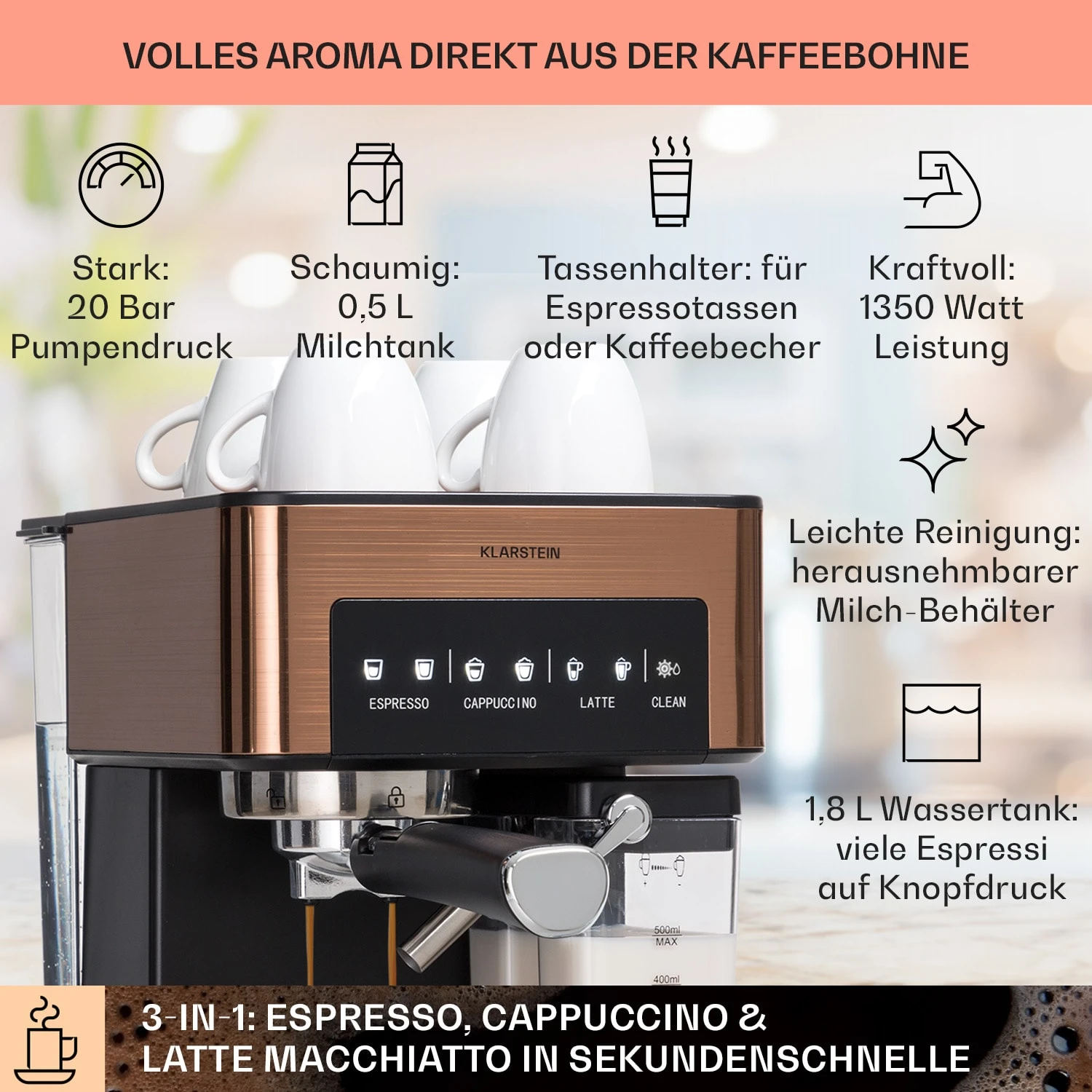 Arabica Comfort Espressomaschine 1350W 20 Bar 1,8l Touch-Bedienfeld 4 Arabica Comfort Espressomaschine 1350W 20 Bar 1,8l Touch-Bedienfeld – Bild 2